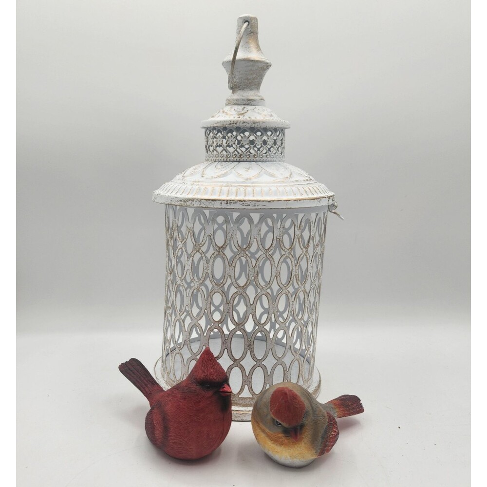 White Decorative Bird Cage Hanging 12" x 6" with a Pair of Resin Cardinals